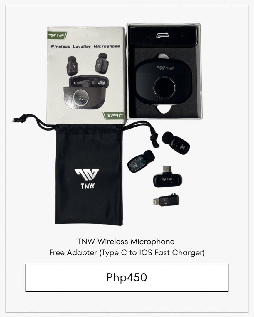 TNW Wireless Lavalier Microphone X23C (Category: Microphones) located in Manila. Submitted by royycexx (Listing ID 1434538488, Image 1). Description: TNW Wireless Lavalier Microphone Price: PHP450 Includes: - Two microphones (black) - Charging case - Type C to iOS fast charger adapter - Carrying pouch One mic used One mic not used RFS: Changed / Upgrade .