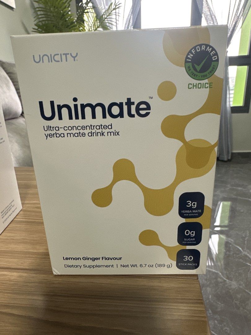 Unicity Unimate Yerba Mate Drink Mix - Lemon Ginger (Category: Health Food, Drinks & Tonics) located in Singapore. Submitted by paiey (Listing ID 1434438707, Image 1). Description: - Unicity Unimate Yerba Mate drink mix - Flavor: Lemon Ginger - Ultra-concentrated - 30 stick packs per box - 3g yerba mate per serving - 0g sugar per serving - Dietary supplement - Brand new and sealed Expiry 2027 Buy 1 -$85 Buy 2 - $160.