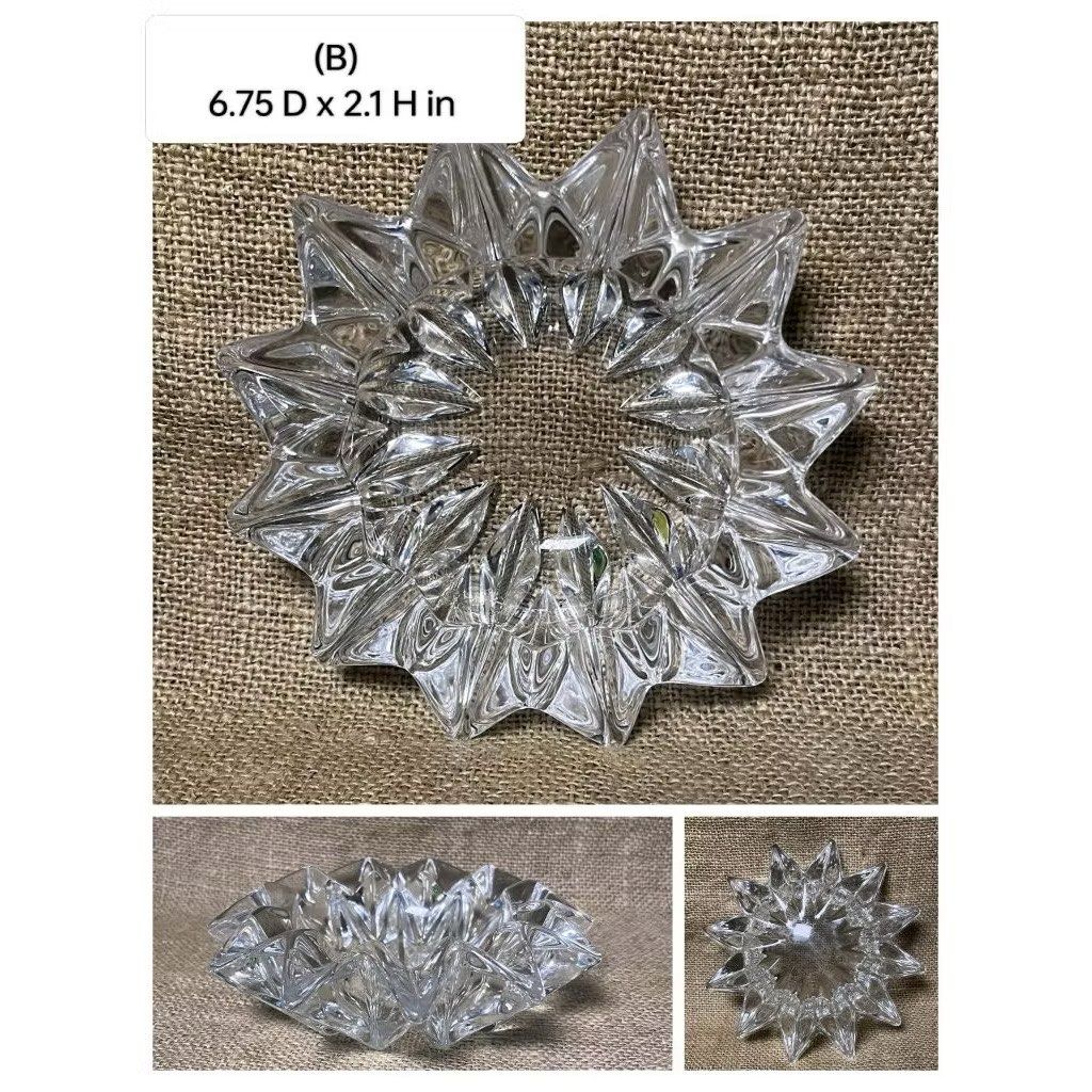 Vintage Crystal Glass Ashtrays (Category: Dinnerware & Cutlery) located in Bulacan. Submitted by ceramicscubby (Listing ID 1434435472, Image 3). Description: ❗️CLOSING DOWN SALE, ALL PRICES ARE MARKED DOWN. WE WILL NOT BE ACCEPTING OFFERS LOWER THAN OUR ASKING PRICE. ❗️ Vintage crystal glass ashtrays. Includes a round ashtray with a rose design, a rectangular ashtray with a textured surface (5.25" D x 2" H), and a star-shaped ashtray (6.75" D x 2