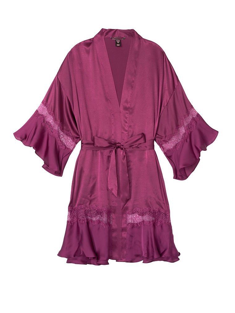 VS satin ruffled hem lace trim robe (Category: Undergarments & Loungewear) located in Baguio. Submitted by thecloset.bg (Listing ID 1434450117, Image 3). Description: satin-like purple ruffled robe, with a casual design, creates a relaxed atmosphere. Replaced belt M/L on tag actual is freesize - Color: Purple - Design: Frilled robe - Material: Satin-like - Sleeves: Flared sleeves - Style: Casual.