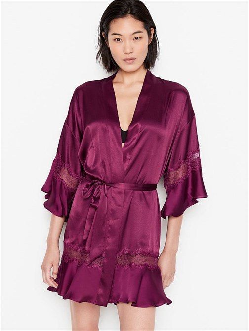VS satin ruffled hem lace trim robe (Category: Undergarments & Loungewear) located in Baguio. Submitted by thecloset.bg (Listing ID 1434450117, Image 1). Description: satin-like purple ruffled robe, with a casual design, creates a relaxed atmosphere. Replaced belt M/L on tag actual is freesize - Color: Purple - Design: Frilled robe - Material: Satin-like - Sleeves: Flared sleeves - Style: Casual.