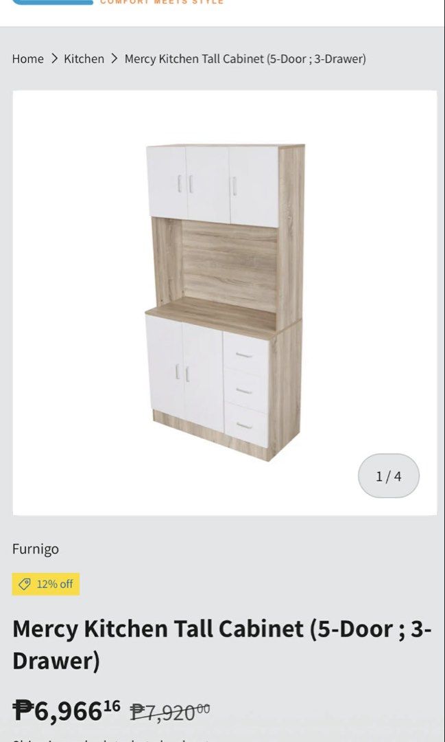 Wooden Cabinet with Drawers (Category: Shelves, Cabinets & Racks) located in Manila. Submitted by rshaw_ (Listing ID 1434405196, Image 2). Description: - Wooden cabinet - Upper cabinets and lower drawers - Light wood finish - White cabinet doors and drawers - Shelf for storage - Silver handles - Perfect for kitchen or storage.
