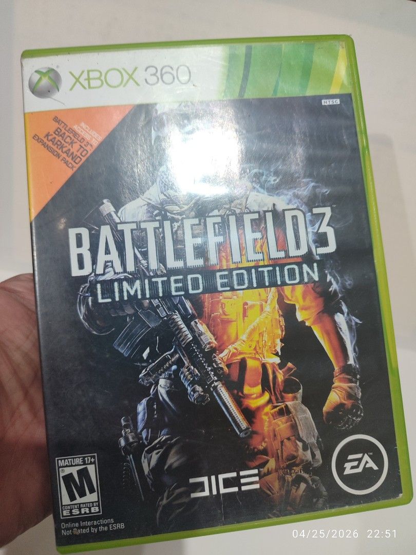 XBOX 360 - Battlefield 3 (USED) "for NTSC only" (Category: Xbox) located in Mendez-Nunez. Submitted by sf2_gameshop (Listing ID 1434415817, Image 2). Description: PLEASE READ Will work on an NTSC (US) region unit only. NTSC/J - X (NO) NTSC - √ (Yes) PAL - X (NO) CONDITION: A used item. The disc has scratches (pls. see posted photos). Tested working. It comes with a game manual. GENRE: First-person shooter MODE: Single-player REGION: NTSC (US) VOI