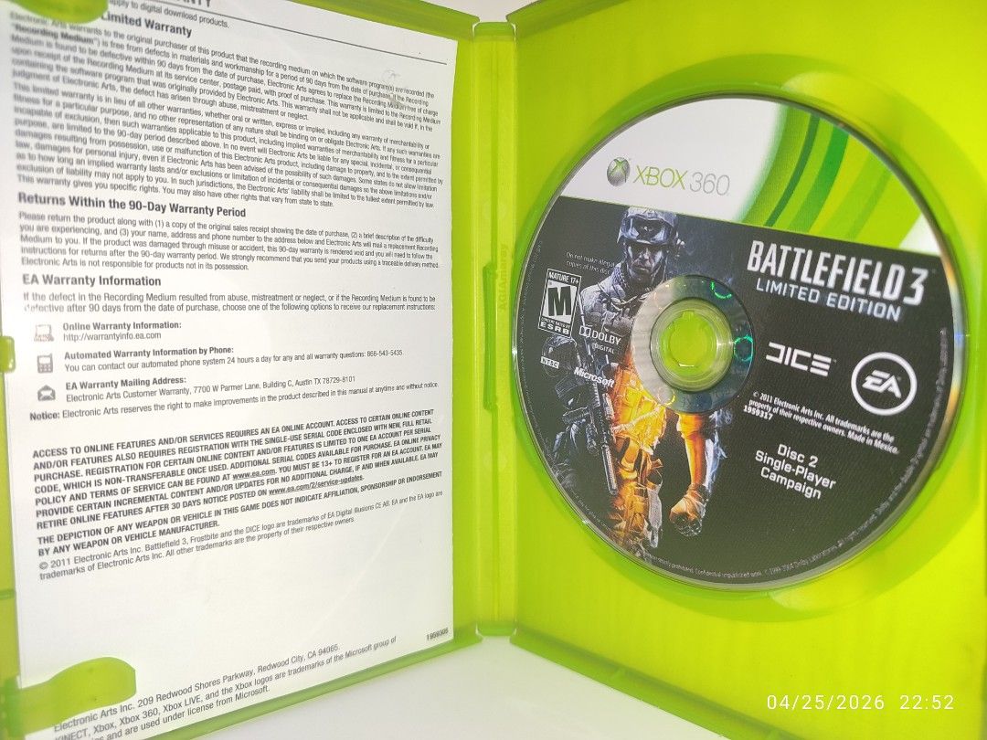 XBOX 360 - Battlefield 3 (USED) "for NTSC only" (Category: Xbox) located in Mendez-Nunez. Submitted by sf2_gameshop (Listing ID 1434415817, Image 3). Description: PLEASE READ Will work on an NTSC (US) region unit only. NTSC/J - X (NO) NTSC - √ (Yes) PAL - X (NO) CONDITION: A used item. The disc has scratches (pls. see posted photos). Tested working. It comes with a game manual. GENRE: First-person shooter MODE: Single-player REGION: NTSC (US) VOI