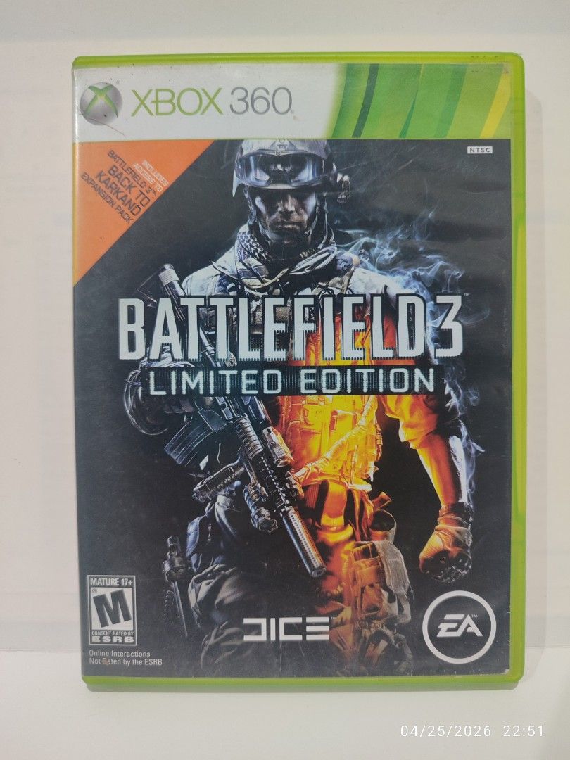 XBOX 360 - Battlefield 3 (USED) "for NTSC only" (Category: Xbox) located in Mendez-Nunez. Submitted by sf2_gameshop (Listing ID 1434415817, Image 1). Description: PLEASE READ Will work on an NTSC (US) region unit only. NTSC/J - X (NO) NTSC - √ (Yes) PAL - X (NO) CONDITION: A used item. The disc has scratches (pls. see posted photos). Tested working. It comes with a game manual. GENRE: First-person shooter MODE: Single-player REGION: NTSC (US) VOI
