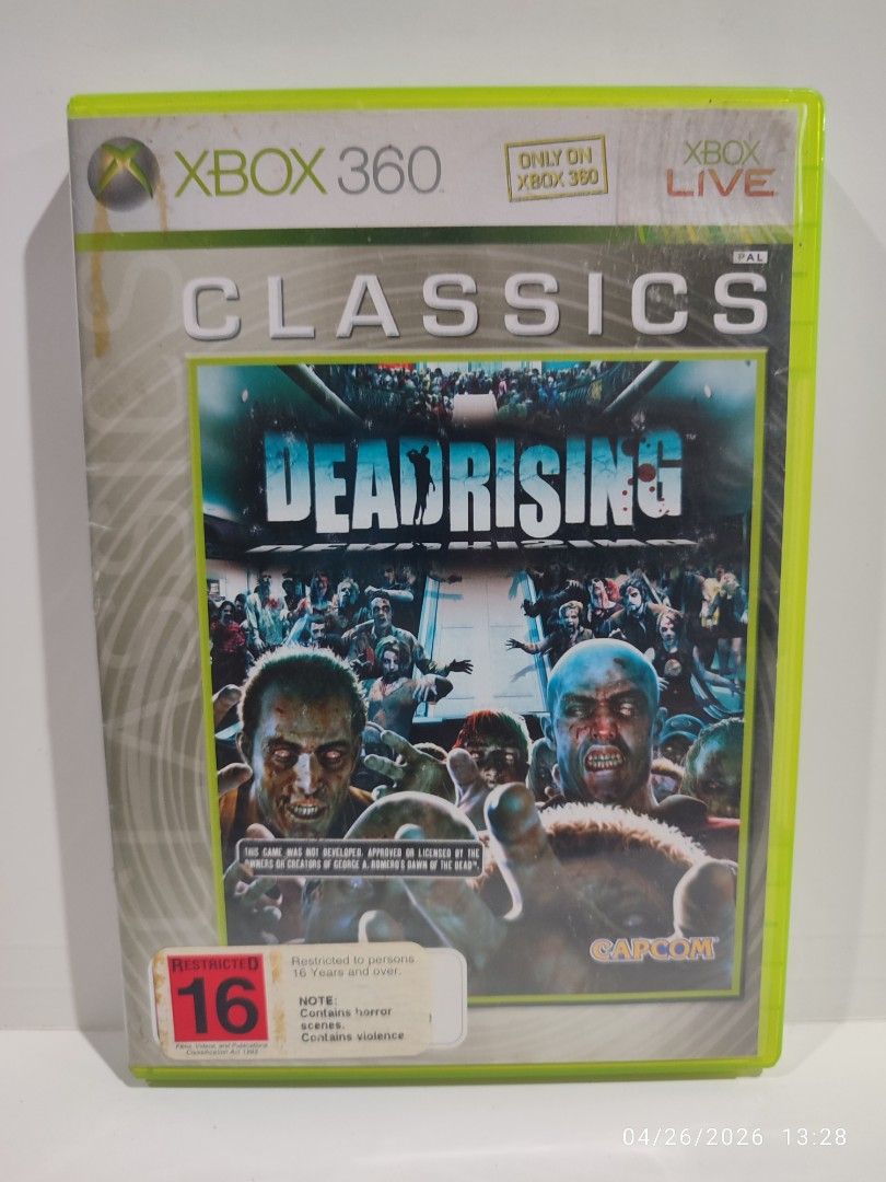 XBOX 360 - Dead Rising (PRE-OWNED) "OPEN REGION" (Category: Xbox) located in Mendez-Nunez. Submitted by sf2_gameshop (Listing ID 1434592552, Image 1). Description: PLEASE READ The disc will work on any Xbox 360 units regardless of region. PAL - √ (Yes) NTSC/J - √ (Yes) NTSC - √ (Yes) CONDITION: a pre-owed item. The disc has some scratches. Tested working. It comes with a game manual. GENRE: Action-adventure PLAYERS: 1 REGION: PAL, but this is an 