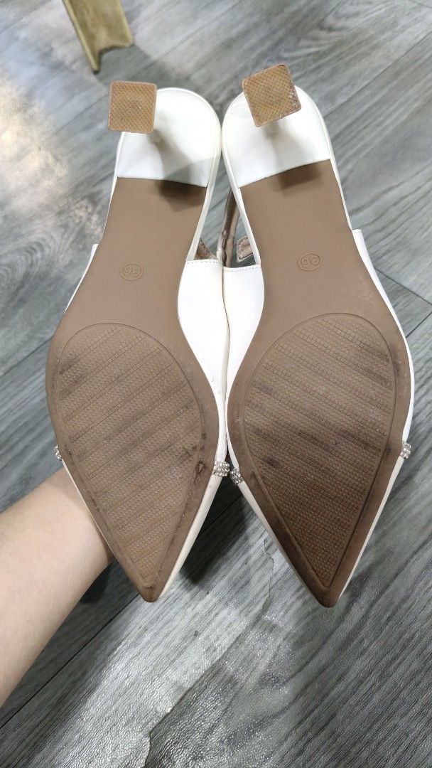 YDEN Slingback Heels with Rhinestones (Category: Heels) located in Taguig. Submitted by suzzyb. (Listing ID 1434490273, Image 3). Description: - YDEN slingback heels - Size 36 - Pointed toe with rhinestone trim - White and beige color scheme - Buckle closure - Slingback strap - Perfect for special occasions.