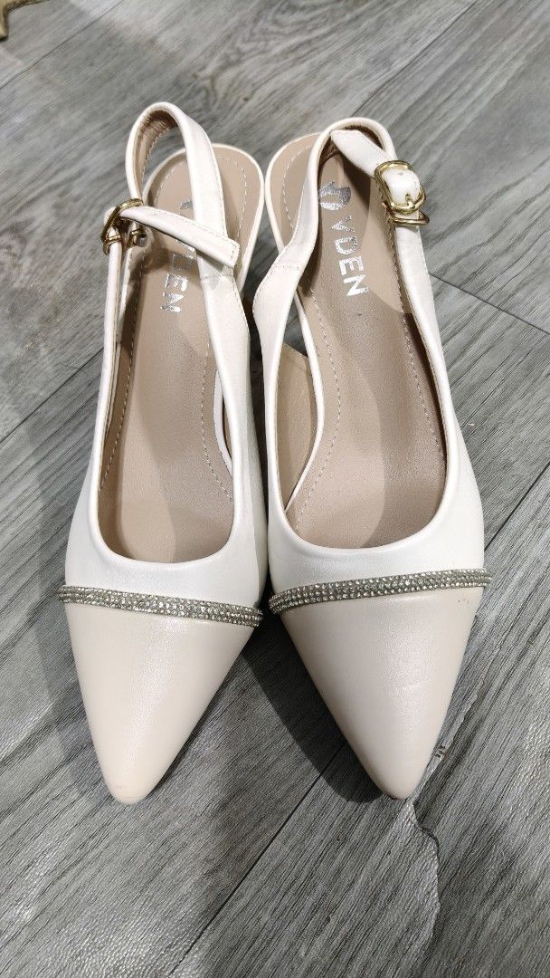 YDEN Slingback Heels with Rhinestones (Category: Heels) located in Taguig. Submitted by suzzyb. (Listing ID 1434490273, Image 1). Description: - YDEN slingback heels - Size 36 - Pointed toe with rhinestone trim - White and beige color scheme - Buckle closure - Slingback strap - Perfect for special occasions.