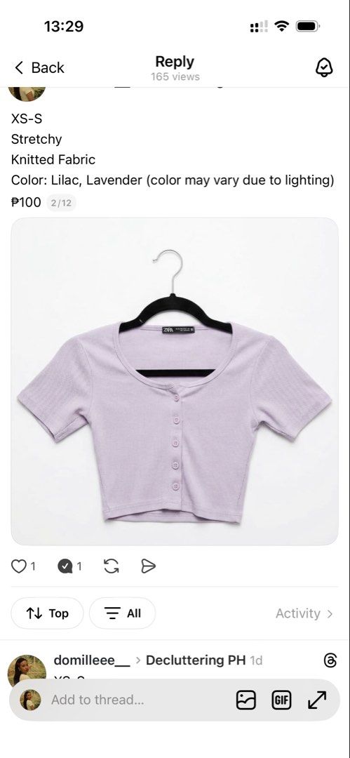 Zara XS-S Lilac Knitted Top (Category: Blouses) located in Dasmarinas. Submitted by domilleee__ (Listing ID 1434438258, Image 1). Description: - Zara cropped top - Lilac color - Made of stretchy, knitted fabric - Button-down front - Short sleeves - Available size: XS-S - Perfect for high-waisted bottoms.