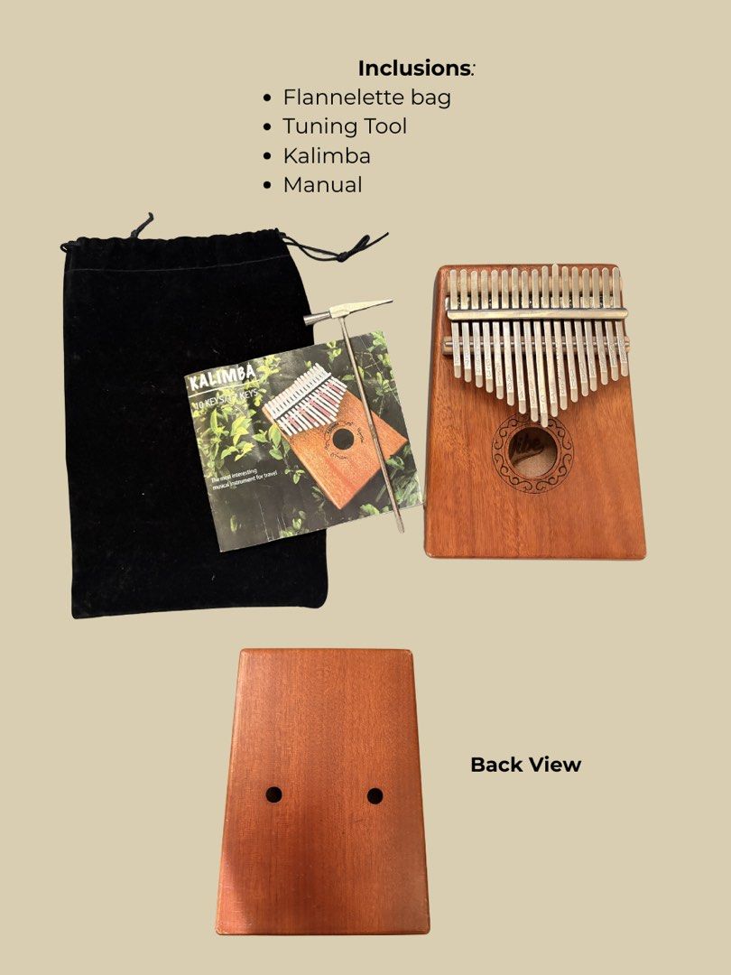17-Key Kalimba Set 🎶 (Complete w/ Accessories) (Category: Musical Instruments) located in Lucena. Submitted by celinemystuff (Listing ID 1434703789, Image 3). Description: Selling my kalimba, great for beginners or anyone looking for a relaxing hobby 💛 Produces a soft, calming sound and still works perfectly! 📦 Inclusions: • Kalimba (17 keys) • Flannelette pouch • Tuning tool • Manual ✨ Condition: • Fully functional (good sound quality) • With
