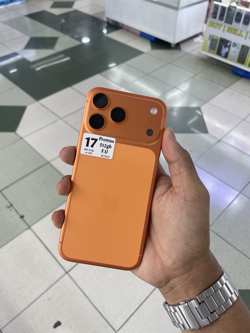 1 only iPhone 17 Pro max 512GB 97% BH NTC OPENLINE NO ISSUE COMPLETE (Category: iPhone 17 Series) located in Manila. Submitted by benshop. (Listing ID 1434699666, Image 2). Description: ON HAND | TRADE/SWAP BenShop Price : 83,000 php ▫️On hand: iPhone 17 Pro Max ▫️512GB ▫️Openline/Factory unlocked ▫️Cosmic Orange ▫️97% Batt health ▫️Ntc Local Variant ▫️ WITH BOX ORIGINAL ( under warranty ) ▫️All Features Working INCLUSIONS & FREEBIES: *CHARGER SE