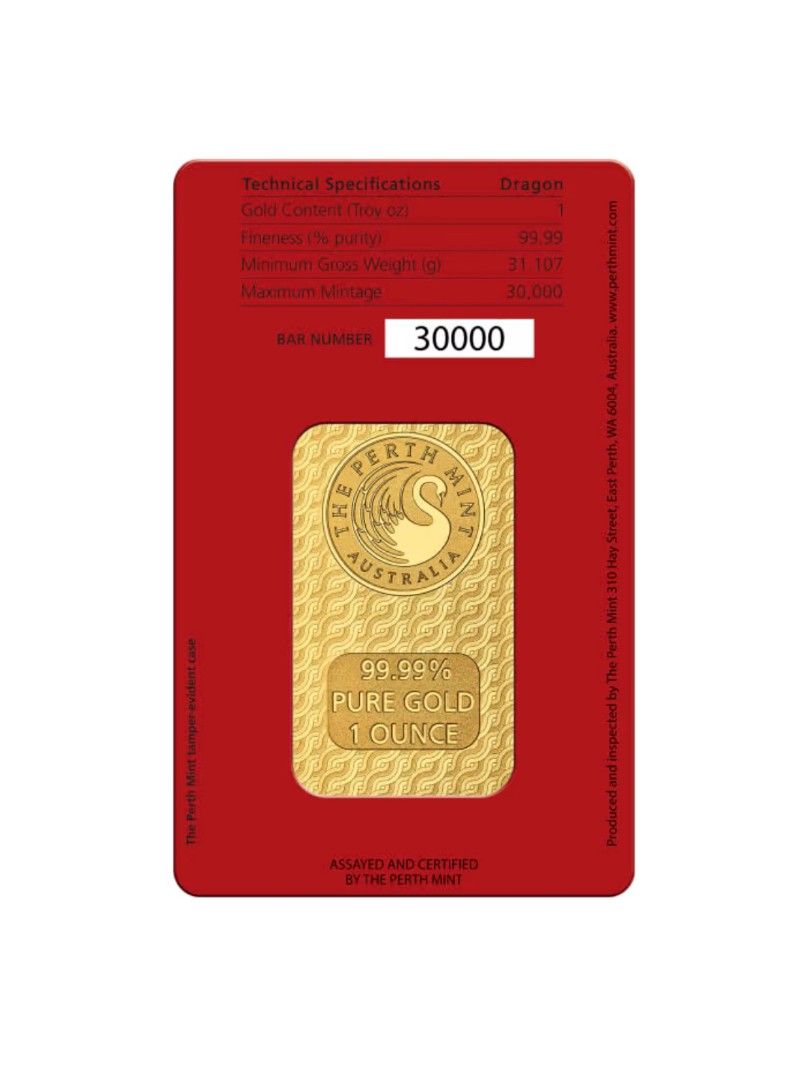 1oz Perth Mint Lunar Dragon 9999. Gold Bar ( In Assay) (Category: Currency) located in Singapore. Submitted by bullionhaven (Listing ID 1434803433, Image 2). Description: Metal Content: Gold Purity: .9999 Condition:New Country: Australia Manufacturer: The Perth Mint Mintage: 30,000.
