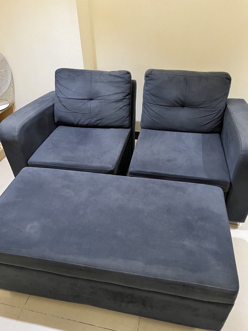 2-seater Sofa with Ottoman (Category: Sofas) located in Pasig City. Submitted by joycepine (Listing ID 1434801420, Image 2). Description: For sale ❗️ 2-seater sofa with ottoman (3 piece total) 9k only - slightly negotiable Suede material, foams not saggy Ready for pickup ☺️ 📍Pasig.
