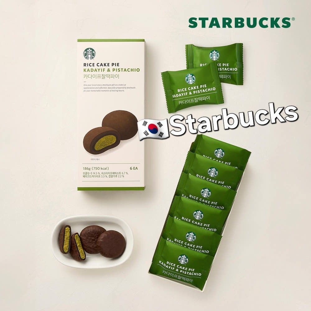 必入‼️ 🇰🇷 Starbucks 杜拜朱古力麻糬派 RICE CAKE PIE KADAYIF & PISTACHIO 一盒6入 開心果 ...