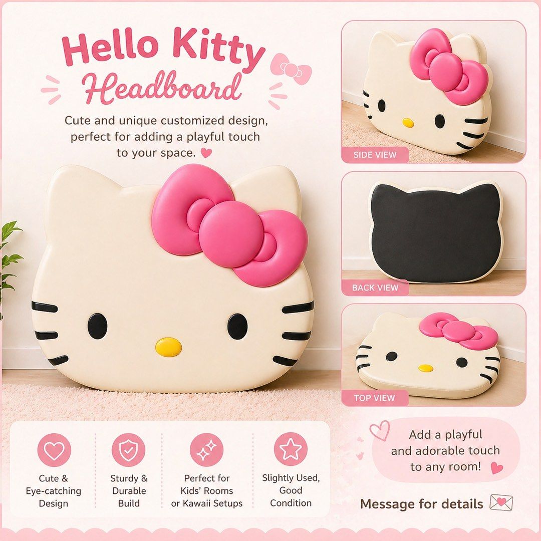 🎀 HELLO KITTY HEADBOARD (Category: Bed Frames & Mattresses) located in Manila. Submitted by jellycatzi112 (Listing ID 1434731845, Image 1). Description: 🎀 FOR SALE: HELLO KITTY HEADBOARD 🎀 Add a cute and playful touch to your space with this customized Hello Kitty headboard 🤍 ✔ Unique Hello Kitty design ✔ Sturdy and durable build ✔ Soft padded surface ✔ Perfect for kids’ room or kawaii-themed space 📦 Condition: Slightly used, still in good s