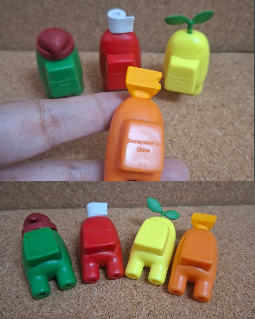 Among Us Figurines Set (Category: Designer & Blind Box Toys) located in Cagayan de Oro. Submitted by FlooffsEtc (Listing ID 1434782504, Image 3). Description: SET OF FOUR Among Us Figurines Includes: - Green character with a hat - Red character with a toilet paper roll - Yellow character with leaves - Orange character with cheese InnerSloth LLC markings Approx. 4.5-5cm height, 2cm width May be bundled with other items. Message first to confirm co