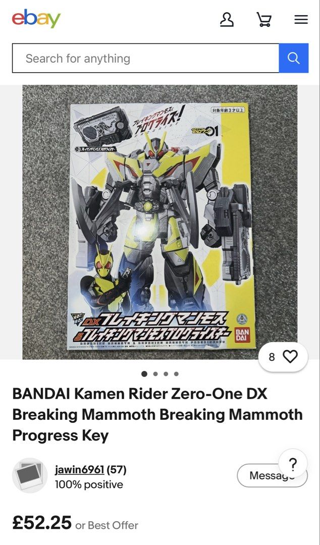 Bandai Kamen Rider Zero-One DX Breaking Mammoth Progress Key (Category: Action & Battle Toys) located in Bulacan. Submitted by cmesguerra1 (Listing ID 1434610068, Image 1). Description: - Bandai Kamen Rider Zero-One DX Breaking Mammoth Progress Key set. - Includes Breaking Mammoth Progress Key, figure, and accessories. - Figure can transform into robot and vehicle modes. - Box shows some wear and tear. - including kamen rider and extra progrise k