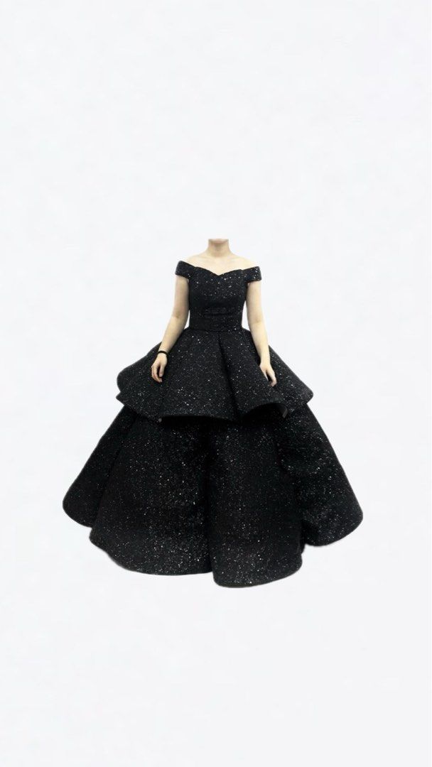 Black Off-Shoulder Evening Gown (Category: Evening dresses & gowns) located in Quezon City. Submitted by halfofit (Listing ID 1434707978, Image 1). Description: USED ONCE! - Elegant black evening gown - Off-shoulder design - Layered skirt - Fitted bodice - Lace-up back detail - Subtle sparkle fabric - Perfect for formal events and special occasions 2in 1 Gown. Convertible to cocktail gown. 6 hoop petticoat included Best fit small to medium frame.