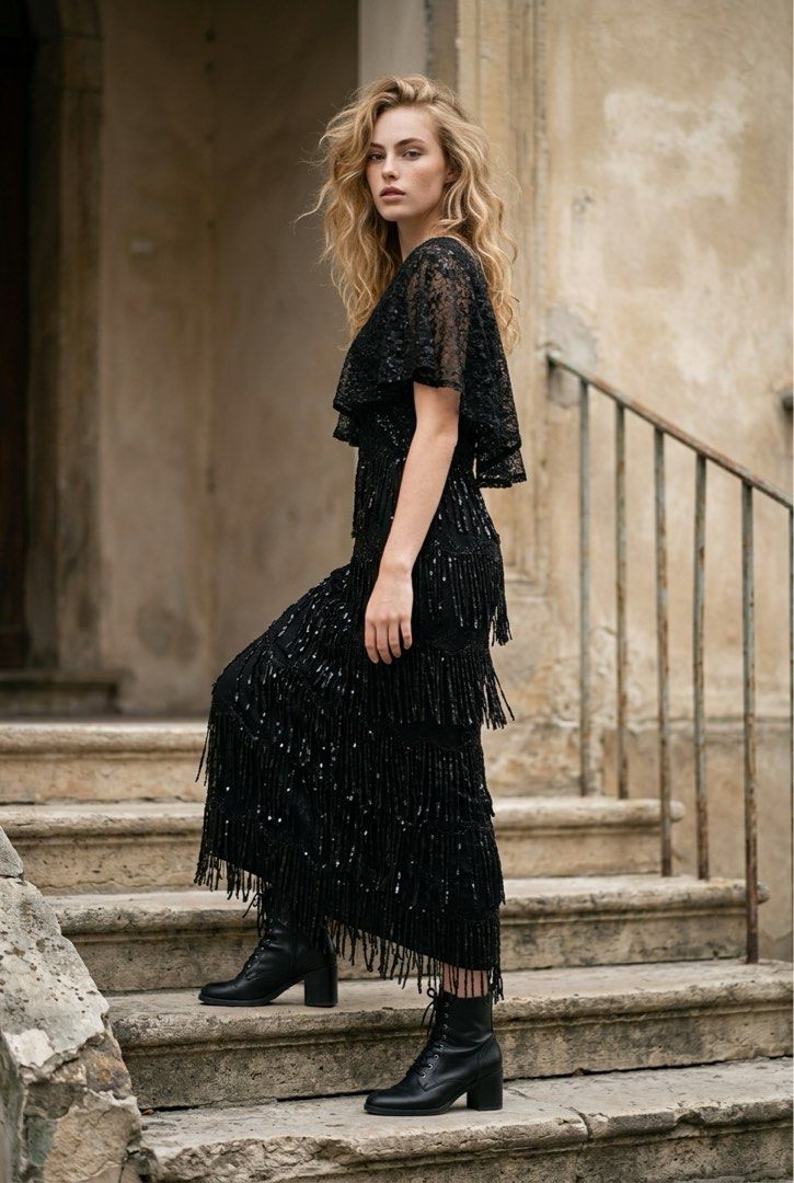Black Sequin Fringe Maxi Dress (Category: Dresses) located in Davao. Submitted by ela00000 (Listing ID 1434627219, Image 3). Description: - Black maxi dress - Sequin-embellished bodice - V-neckline - Cape-like overlay - Tiered fringe skirt - Floor-length - Ideal for formal events and special occasions - Flowing fabric - No brand, bought from local boutique at ₱5,899.