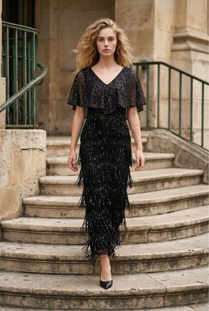 Black Sequin Fringe Maxi Dress (Category: Dresses) located in Davao. Submitted by ela00000 (Listing ID 1434627219, Image 1). Description: - Black maxi dress - Sequin-embellished bodice - V-neckline - Cape-like overlay - Tiered fringe skirt - Floor-length - Ideal for formal events and special occasions - Flowing fabric - No brand, bought from local boutique at ₱5,899.