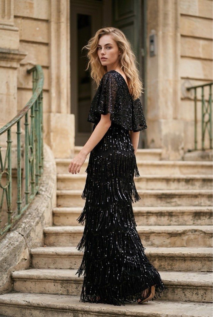 Black Sequin Fringe Maxi Dress (Category: Dresses) located in Davao. Submitted by ela00000 (Listing ID 1434627219, Image 2). Description: - Black maxi dress - Sequin-embellished bodice - V-neckline - Cape-like overlay - Tiered fringe skirt - Floor-length - Ideal for formal events and special occasions - Flowing fabric - No brand, bought from local boutique at ₱5,899.