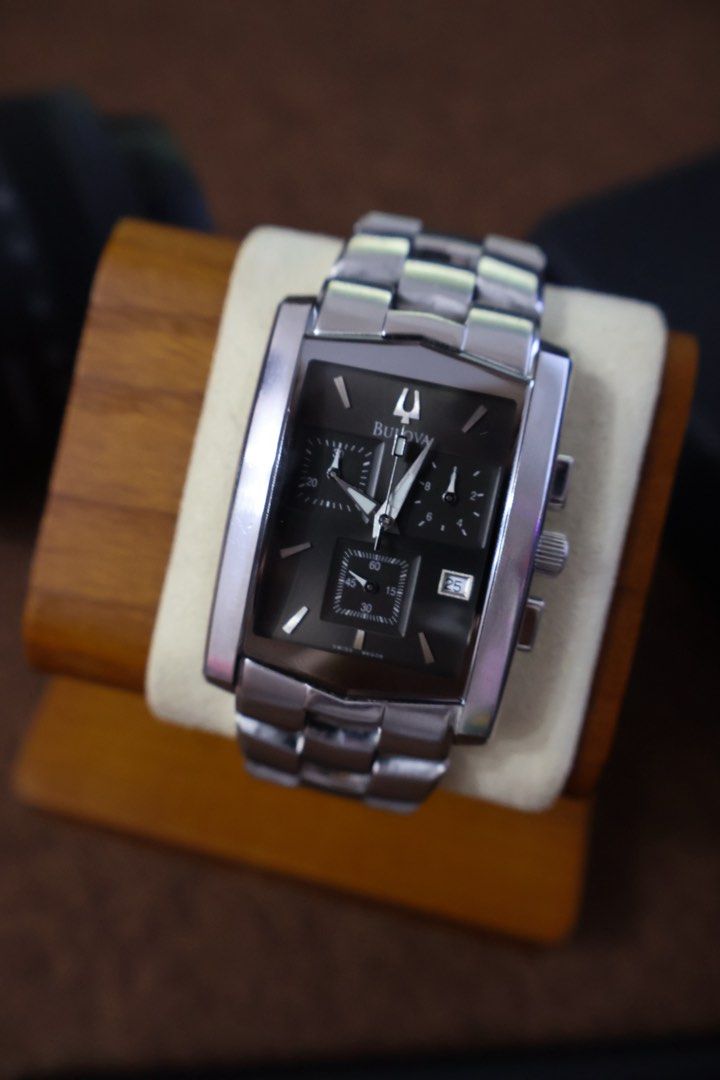 Bulova Rectangular Chronograph Watch (Category: Luxury Watches) located in Manila. Submitted by arriam06 (Listing ID 1434761802, Image 3). Description: Bulova 96G09 Chronograph, a classic timepiece noted for its distinctive rectangular case and reliable Swiss movement. Charcoal-grey dial with three sub-dials for chronograph functions. Php 17,500 negotiable 📩DM for inquiry #bulova #bulovaph #bulovawatch #bulovachronograph #bulovatank.