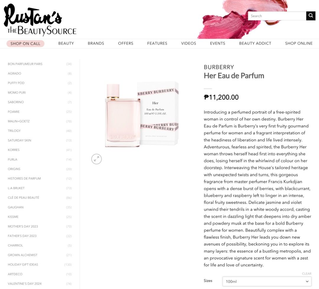 Burberry HER EDP Eau de Parfum 100ml (Category: Fragrance & Deodorants) located in Caloocan City. Submitted by alycho (Listing ID 1434161704, Image 3). Description: Bought July 2025 (at NAIA T1) but first used Sept 2025 na No box/receipt na (but I have an IG story when I purchased it) RFS: Impulse buy! 🥲 still have lots of perfumes pa 📍 Pick-up: Edsa Caloocan (payment first before ship out).