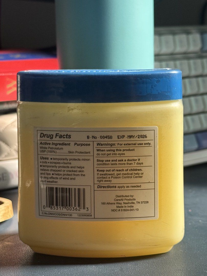 CareAll Petroleum Jelly 13 oz (Category: Sanitary Hygiene) located in Manila. Submitted by rubenes21 (Listing ID 1434650956, Image 2). Description: - CareAll Petroleum Jelly - 100% White Petrolatum USP - Protects minor cuts, scrapes, and burns - Relieves chapped/cracked skin and lips - Protects from wind and cold - Net weight: 13 oz (368g) EXPIRY DATE - MAY 2026 CAREALL is a US brand. Estimate price upon Google search ₱1,200 - ₱1,500 + other fees