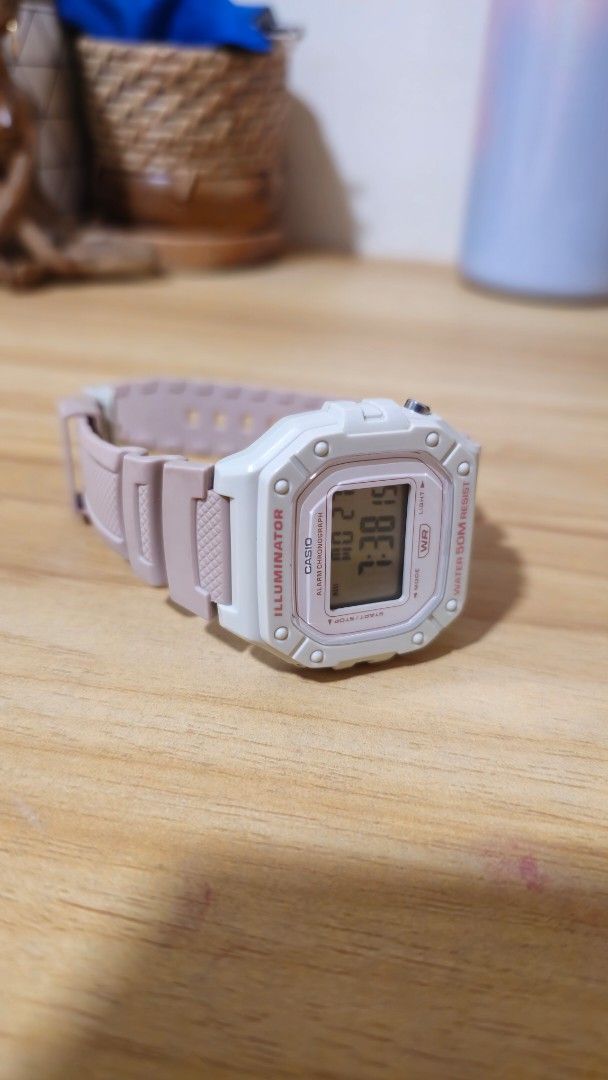 Casio Digital Watch Illuminator - Pink (Category: Men's Watches) located in Rosario. Submitted by prelovedbyengineertoni (Listing ID 1434733419, Image 1). Description: - Casio digital watch - White and pink color scheme - Square digital display - Pink watch band - Side buttons and buckle closure - Displays time - Suitable for everyday use.