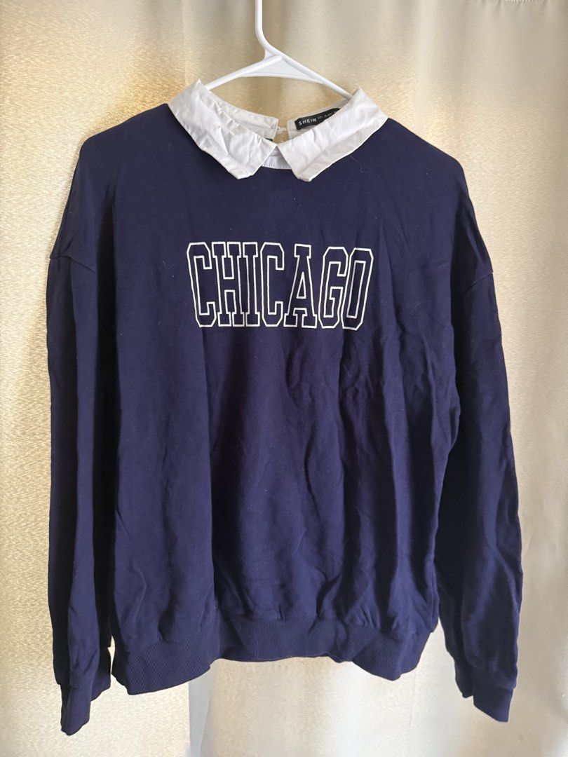 Chicago Navy Blue Layered Collar Sweater | Medium-Large SHEIN (Category: Coats, Jackets and Outerwear) located in Bacoor. Submitted by pausroom (Listing ID 1434720357, Image 2). Description: ✨ 100% Cotton material ✨ Selling low ✨ All pics are mine ✨ Comfy fit for Medium.