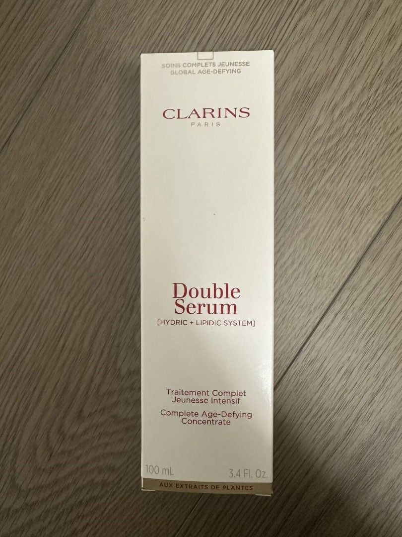 Clarins Double Serum [Hydric + Lipidic System] 100ml (Category: Face Care) located in Singapore. Submitted by linwoodkal85473 (Listing ID 1434677041, Image 1). Description: Hydric + Lipidic System.