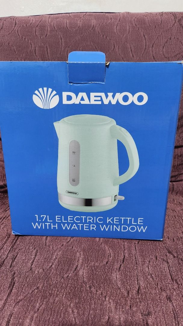 DAEWOO ELECTRIC KETTLE (Category: Other Kitchenware & Tableware) located in Quezon City. Submitted by bestfindscorner (Listing ID 1434630175, Image 1). Description: 1.7L Electric Kettle With Water Window 360 Degree Jug-Kettle Concealed Stainless Steel Heating Element Boil-Dry Protection Automatic One Button Cover Starter, Easy Operation Unique Design With Water Window Variant: Mint Green .