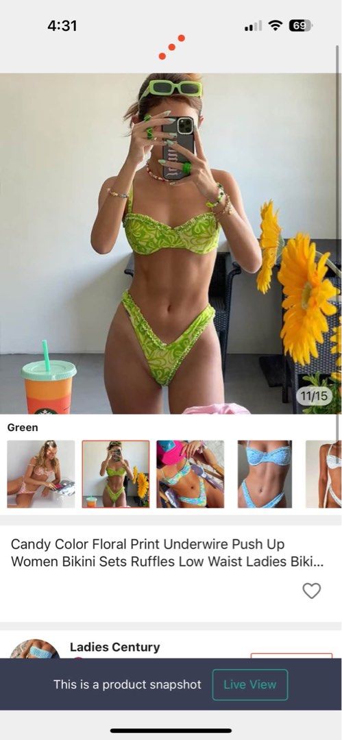 Floral Print Underwire Green Bikini Set (unused) (Category: Bikinis & Swimsuits) located in Paranaque City. Submitted by maedizon (Listing ID 1434653193, Image 3). Description: - NEVER WORN - Brand new floral bikini set (padded) - Vibrant green and yellow print - Underwire top with adjustable straps - Matching low-waist bottom - Ruffle detailing on the bottom - Ideal for beach trips and poolside relaxation -very kendall jenner bikini sya -Xs-s.