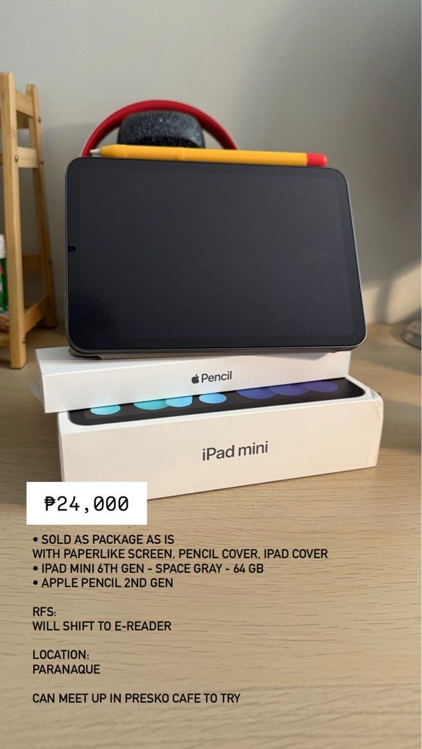 iPad Mini 6th Gen 64GB + Apple Pencil (Category: iPad) located in Paranaque City. Submitted by closetclearing_ (Listing ID 1434708677, Image 2). Description: - iPad Mini 6th Gen (Space Gray, 64GB) included. - Comes with Apple Pencil 2nd Gen. - Includes a paperlike screen protector and iPad cover. - Selling because I'm switching to an e-reader. - Meet-up location: Presko Cafe, Parañaque. - Sold as is..