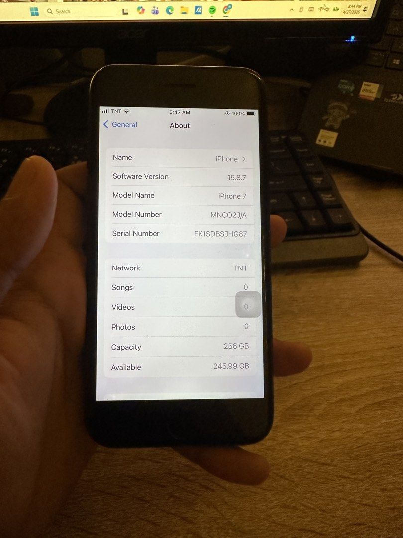 iphone 7 256gb (Category: iPhone 7 Series) located in Maasin. Submitted by neilconstantino (Listing ID 1434760031, Image 3). Description: Iphone 7 256gb -any sim -ios 15 - button working -with fingerprint -clear cam issue: paint chips replaced battery(see last pic) scratches sa screen offer.