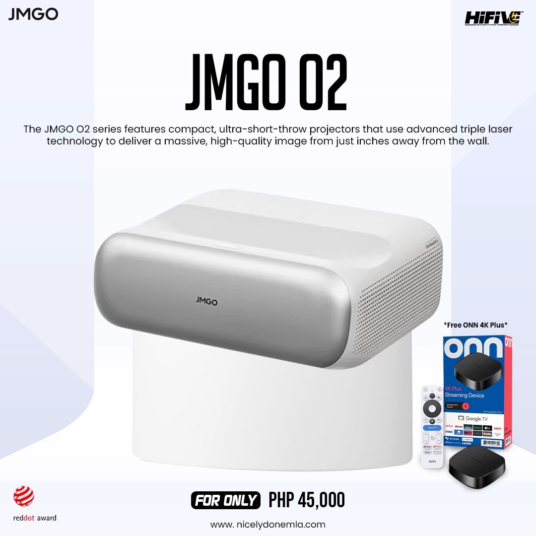 JMGO 02 (Category: Soundbars, Speakers & Amplifiers) located in Quezon City. Submitted by hifivebynicelydone (Listing ID 1434612076, Image 1). Description: Big screen experience, even in small spaces ✨🎥 The JMGO O2 delivers stunning visuals with ultra-short throw tech—project massive, high-quality images just inches from your wall. Clean, compact, and seriously powerful 💡 🎁 BONUS: Comes with a FREE Onn 4K Plus streaming device! 📩 Inquire now 