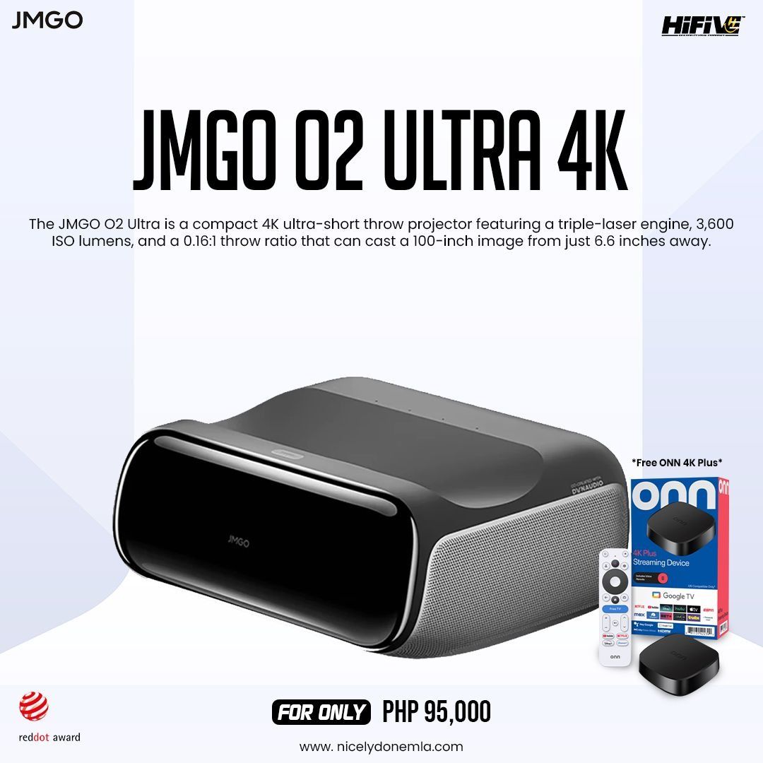 JMGO 02 Ultra 4K (Category: Soundbars, Speakers & Amplifiers) located in Quezon City. Submitted by hifivebynicelydone (Listing ID 1434612845, Image 1). Description: Upgrade your home cinema with the JMGO O2 Ultra 4K 🎬✨ Experience stunning 4K visuals with a triple-laser engine, 3,600 ISO lumens, and ultra-short throw projection—100” screen from just inches away! 🔥📺 ✔️ Sleek, compact design ✔️ Bright & vivid colors ✔️ Perfect for movies, gaming,
