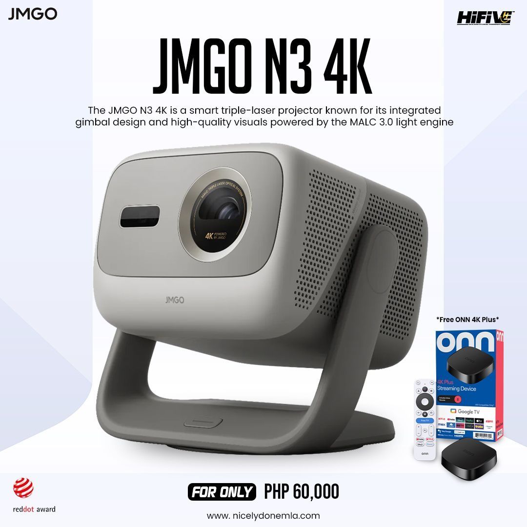 JMGO N3 4K (Category: Soundbars, Speakers & Amplifiers) located in Quezon City. Submitted by hifivebynicelydone (Listing ID 1434610173, Image 1). Description: 🎥 JMGO N3 4K – Smart Triple-Laser Projector Upgrade your viewing with crisp 4K visuals, powered by the MALC 3.0 light engine and a sleek integrated gimbal design for flexible positioning. Perfect for movies, gaming, and everyday entertainment. 🍿🎮 💰 Only PHP 60,000 🎁 FREE ONN 4K Plus St