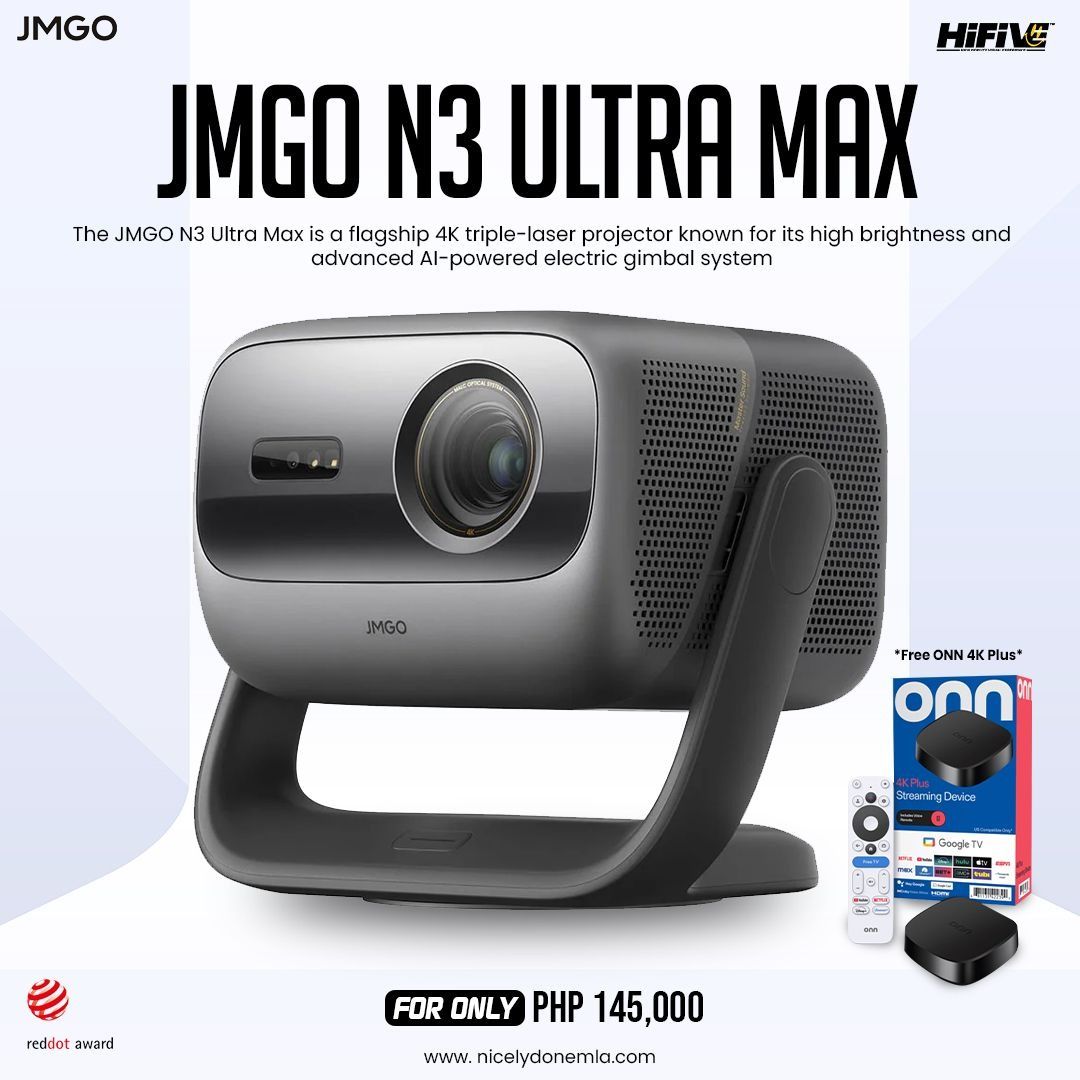 JMGO N3 Ultra Max (Category: Soundbars, Speakers & Amplifiers) located in Quezon City. Submitted by hifivebynicelydone (Listing ID 1434610564, Image 1). Description: Level up your home cinema with the JMGO N3 Ultra Max 🎥✨ Experience stunning 4K visuals, ultra-bright projection, and smooth AI-powered gimbal adjustment—all in one sleek, award-winning design 🏆 💥 BONUS: Comes with a FREE Onn 4K Plus streaming device! 📩 Inquire now for full detail
