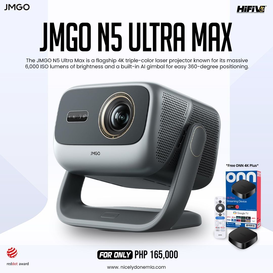 JMGO N5 Ultra Max (Category: Soundbars, Speakers & Amplifiers) located in Quezon City. Submitted by hifivebynicelydone (Listing ID 1434609792, Image 1). Description: 🎥 JMGO N5 Ultra Max – Flagship 4K Laser Projector Experience cinema at home with stunning 4K triple-color laser projection, ultra-bright 6,000 ISO lumens, and a smart AI gimbal for 360° positioning. Sleek, powerful, and built for immersive viewing—perfect for movies, gaming, and mor