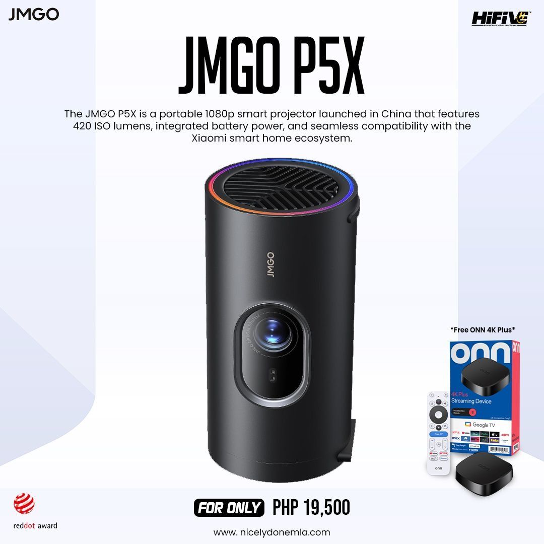 JMGO P5X (Category: Soundbars, Speakers & Amplifiers) located in Quezon City. Submitted by hifivebynicelydone (Listing ID 1434614459, Image 1). Description: JMGO P5X PORTABLE PROJECTOR 🎬✨ Bring big-screen vibes anywhere. Compact, sleek, and easy to use—perfect for chill nights, quick setups, or on-the-go movie sessions. 🔹 1080p Full HD resolution 🔹 Portable with built-in battery 🔋 🔹 420 ISO lumens brightness 🔹 Clean, modern design (reddot a