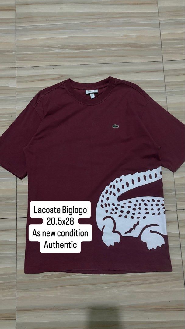 Lacoste Biglogo Maroon T-shirt (Category: Tshirts & Polo Shirts ) located in Ajuy. Submitted by reeyn0515 (Listing ID 1434786956, Image 1). Description: - Authentic Lacoste Biglogo T-shirt - Color: Maroon - Size: L - Features large white crocodile graphic on front and back - Crew neck design - Lacoste logo on chest.