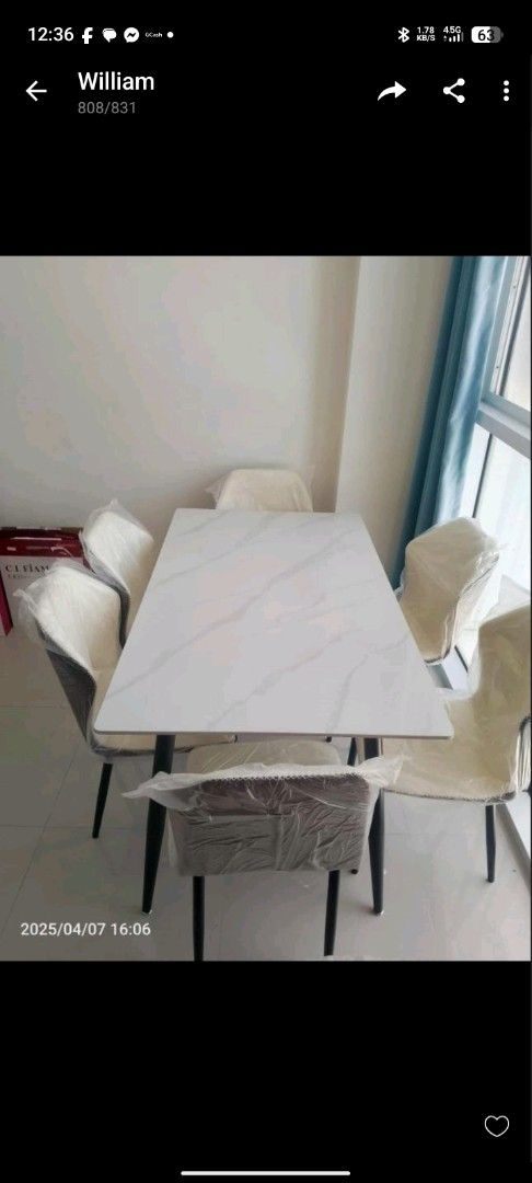 Marble Top Dining Table with Chairs (Category: Tables & Sets) located in Manila. Submitted by j937122732511 (Listing ID 1434682598, Image 1). Description: Elegant dining table set featuring a rectangular marble-look tabletop. Includes six chairs with a modern design. The chairs have a light-colored upholstery. The table has black legs. Perfect for a stylish dining area. Pm me or call 0 9 5 6 2 2 1 7 2 Free assemble then cash on delivery Delivery 