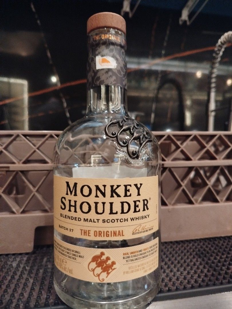 Monkey Shoulder Blended Malt Scotch Whisky (Category: Beverages) located in Pasig City. Submitted by jeraldineandrea (Listing ID 1434770618, Image 1). Description: - Monkey Shoulder Blended Malt Scotch Whisky - Batch 37 - Empty bottle - Product of Scotland - Features a unique monkey design.