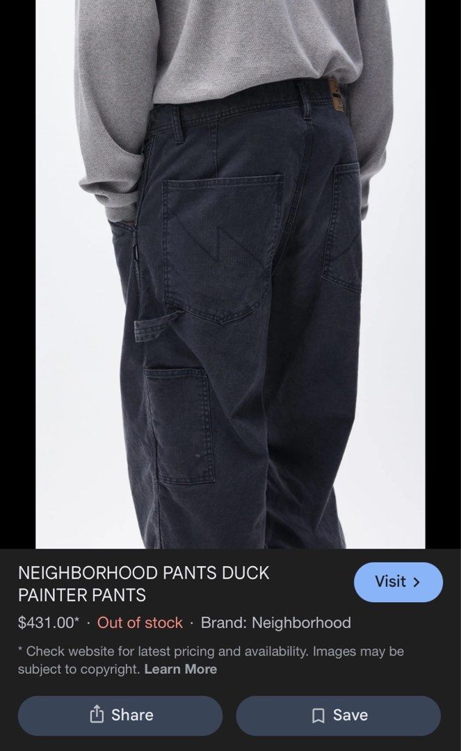 Neighborhood Duck Painter Pants (Category: Jeans) located in Ilog. Submitted by mikesthrift_ (Listing ID 1434766822, Image 1). Description: - Authentic Neighborhood Duck Painter Pants - Dark grey color - Relaxed fit - Multiple pockets, including a carpenter pocket - Button closure with brand logo - Brand tag visible Waistline : 30 / Length : 37 / Leg opening : 8 Price : 1,500+SF dm if interested ☺️.