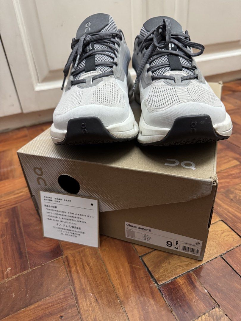On Cloudrunner 2 - Wolf/Ivory - Size 9 (Category: Sneakers) located in Manila. Submitted by choppee (Listing ID 1434626303, Image 3). Description: - On Cloudrunner 2 running shoes - Color: Wolf/Ivory (grey/white) with black accents - Size: US 9, EU 42.5, JP 27 - Features: - Breathable upper - Cushioned sole - mild stability shoe - Includes original box bought from Tokyo Japan - wore less than 10 times only for malling RFS: Decluttering.