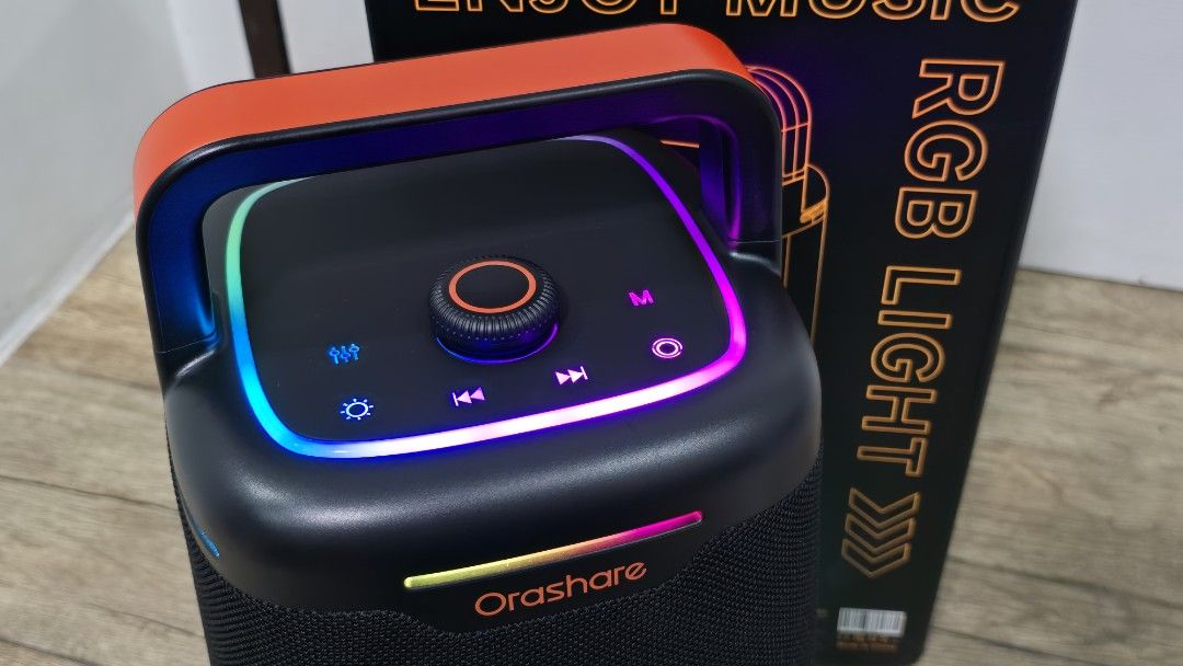 Orashare BS21 Max 100w (Category: Soundbars, Speakers & Amplifiers) located in Malabon City. Submitted by hyrugadgets (Listing ID 1434629752, Image 2). Description: - Orashare Bluetooth Speaker - Built-in RGB lights - Portable design with a handle - Control buttons for volume and playback - Powerful 100W output - Bluetooth 5.3 connectivity - Sleek black design Price: P.2,990 Loc: Malabon Pin: Hyru Gadgets.
