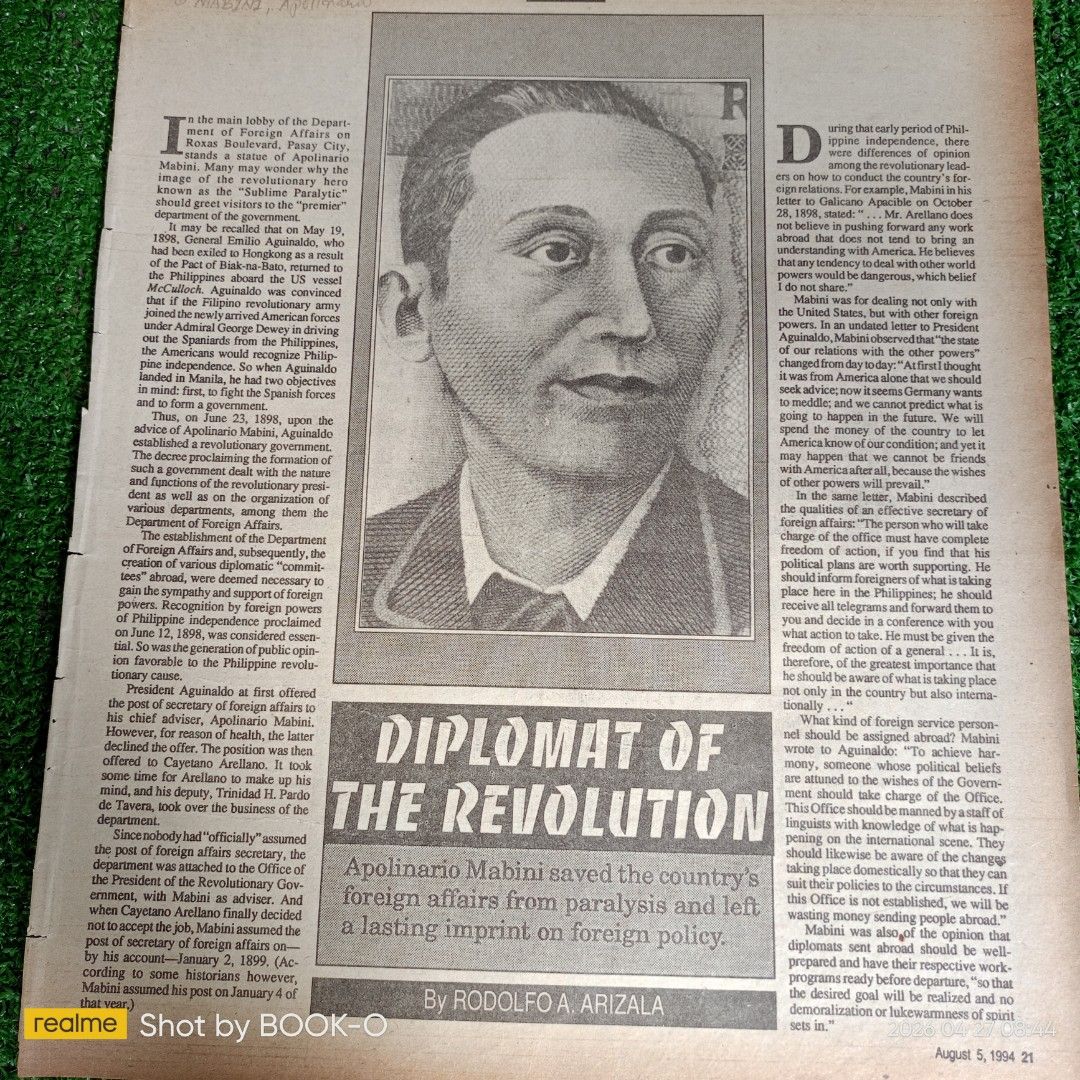 Philippine Graphic Newspaper - August 5, 1994 (Category: Magazines) located in Polangui. Submitted by jumyrace2 (Listing ID 1434607859, Image 1). Description: - Vintage Philippine Graphic newspaper - Dated August 5, 1994 - Features article: "Diplomat of the Revolution" about Apolinario Mabini - Includes subscription offer for Metro Manila.