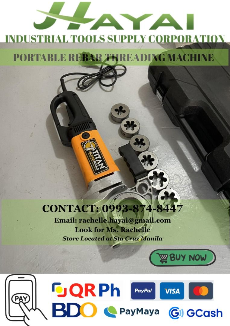 Portable Rebar Threading Machine (Category: Industrial Equipment) located in Caloocan City. Submitted by rachelle.hayai (Listing ID 1434614779, Image 1). Description: At Hayai Industrial Tools Supply, we go beyond just being fast – we offer a wide range of equipment, machinery, and tools to meet all your industrial, hardware, and construction needs. For inquiries and assistance, please reach out to Ms. Rachelle: 📧 mail: r-a-c-h-e-l-l-e-.-h-a-y-a