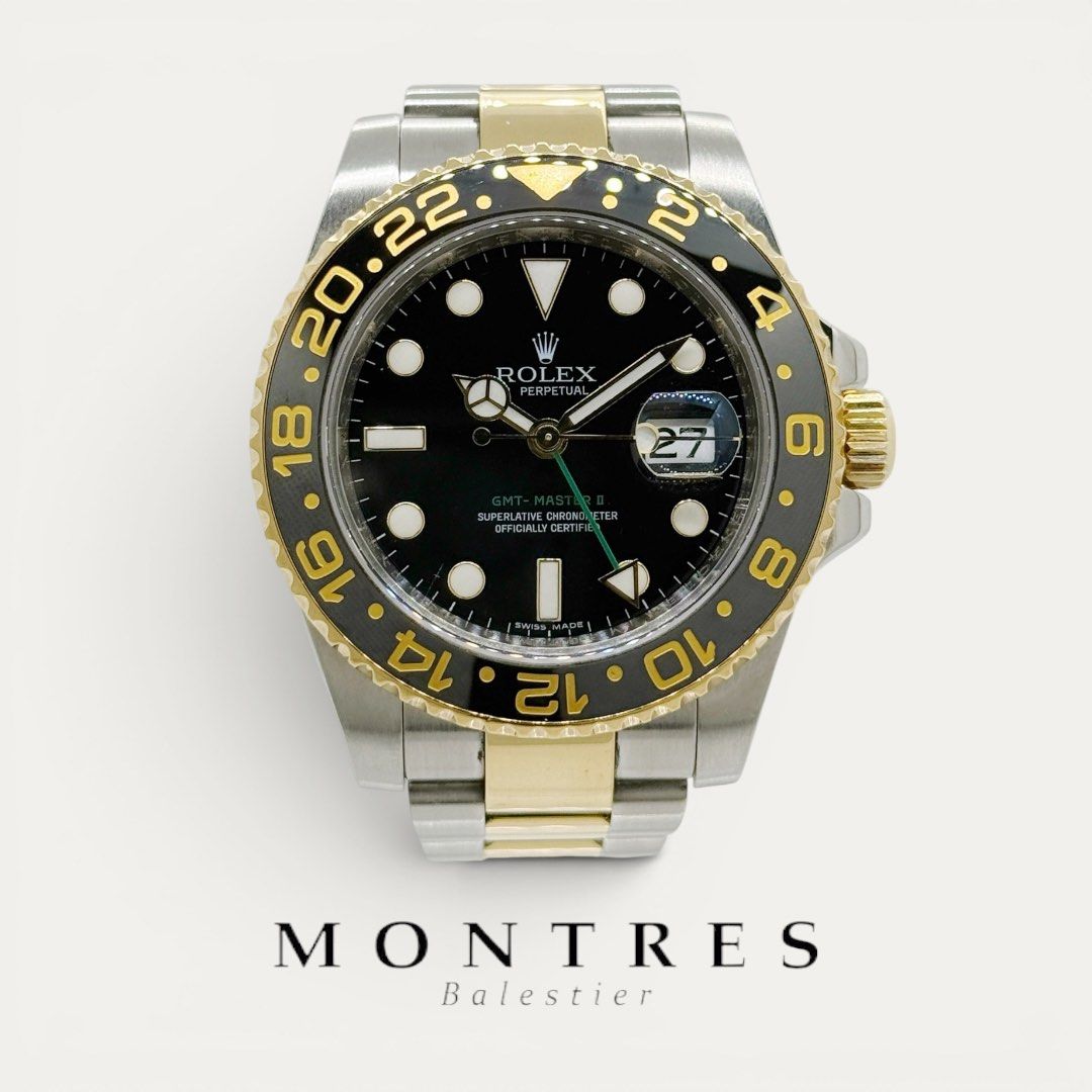 Pre-owned Rolex 18K Half Yellow Gold GMT Master II 116713LN Black Dial 116713 LN (V)(2009) (Category: Watches) located in Singapore. Submitted by montresbalestier (Listing ID 1434640256, Image 1). Description: Please follow us for updates on our latest watches! Brand: Rolex Model: GMT Master II Reference: 116713LN Size: 40MM Material: Steel & Yellow Gold (Ceramic Bezel) Dial: Black Condition: like new , watch only Warranty: Dated V Series , Circa
